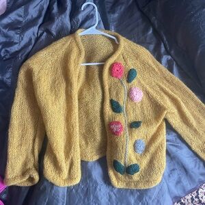 vintage yellow knit cardigan with 3d floral decal